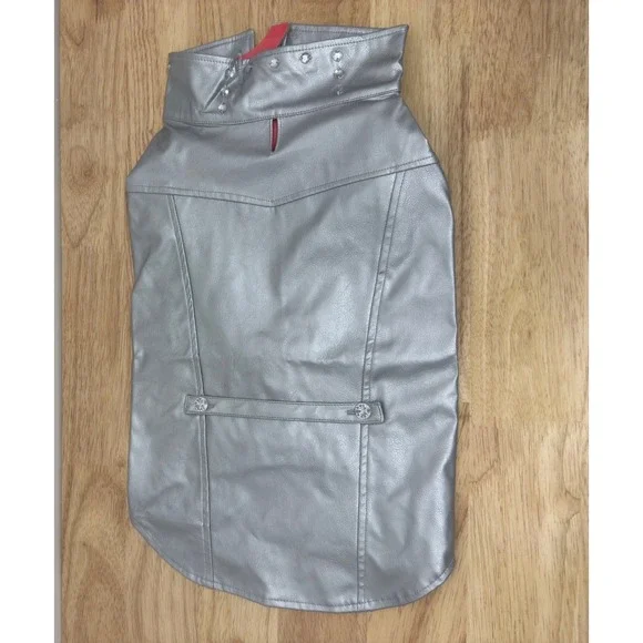 VIPoochy Dog Costume Vest Lined Silver Leather w Rhinestone Studs Zip Large #47 - Picture 2 of 7